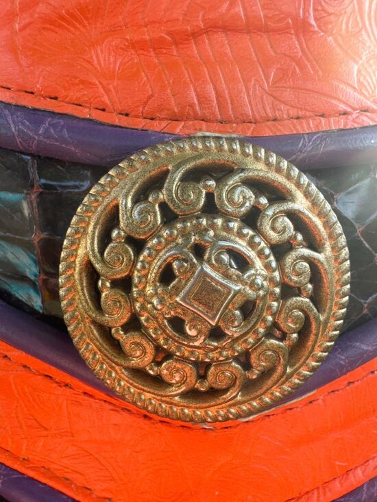 Vintage Isabel USA Wide Leather Waist Belt Orange Purple Medallion Boho Festival main image 4